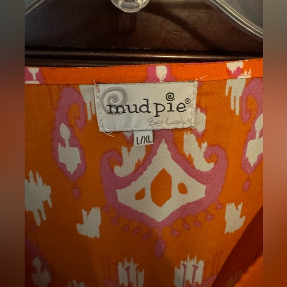 Mud pie beach coverup Orange / pink with pom-pom trim adjustable drawstring L/XL - Picture 3 of 7